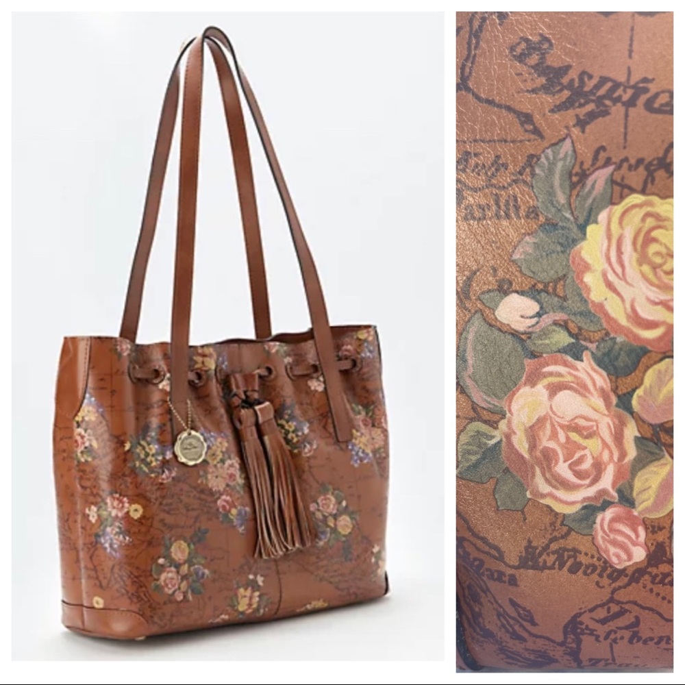 Patricia Nash Leather Drawstring Witney Tote Garden Floral Map Print